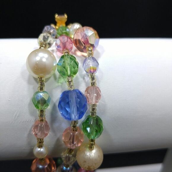 Vintage Beaded Crystal Bracelet, 3 Strands, Graziano Pastel Crystal Beads, 8 In. - Picture 9 of 11